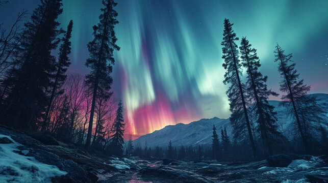 The bright colors of the beautiful aurora and pine trees in the dark of night
