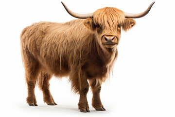 Highland Cattle standing on a white background. Animal right-side portrait.