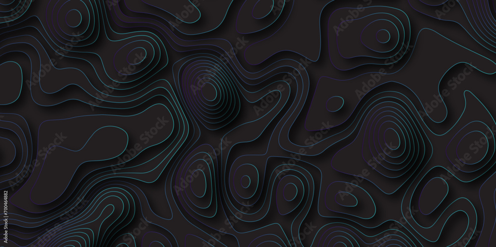 Poster abstract black blue gradient topographic line map pattern background with shadow. contour elevation 
