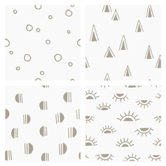 Set of seamless backgrounds. Hand drawn abstract patterns.  Sloppy triangles, circles, stripes.
