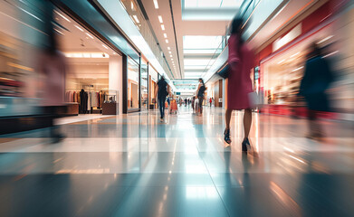 Blurred background of a modern shopping mall with some shoppers.
