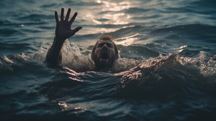 Drowning man in sea asking for help with raised arms  - obrazy, fototapety, plakaty