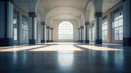 Empty hall in modern building with tall windows