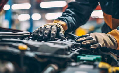 Hands in gloves of expert technicain electric car, EV car  Lithium-ion car battery.