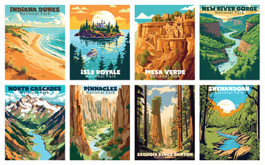 Vintage Travel Posters of Spectacular National Parks - Indiana Dunes, Isle Royale, Mesa Verde, New River Gorge, North Cascades, Pinnacles, Sequoia Kings Canyon, Shenandoah
