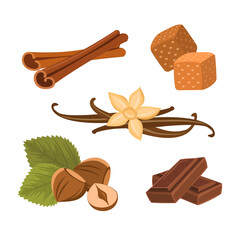 Collection of pastry flavors for drinks and baked goods, such as cinnamon, vanilla, chocolate, hazelnut and caramel, vector illustration, isolated design elements.