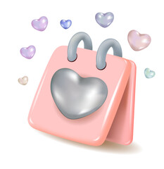 Valentine's Day greetings. 3d vector icon. Pink wall calendar. A postcard with a heart.A greeting card.