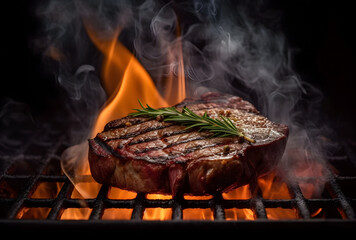 Barbecue dry aged wagyu porterhouse beef steak grilled as close-up on a charcoal grill with fire and smoke - obrazy, fototapety, plakaty