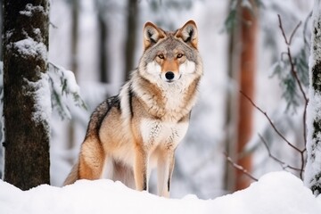Gray wolf walks through a snowy winter forest. European wolf in natural habitat. Wild life.
