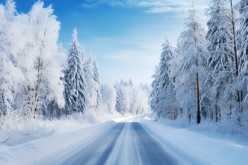 Obraz premium Empty frozen road through idyllic snowy forest in winter.