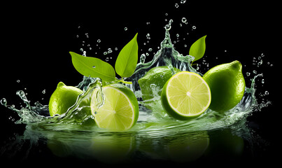 Fresh green limes splashed with water on black and blurred background
