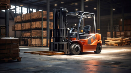 Forklift for transporting and lifting loads. Pallets with boxes and containers in a goods warehouse.