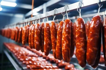 Fotobehang Photo of a display of hanging sausages in a market or butcher shop. industrial production of sausage and meat in a modern plant. Smoking of sausages and meat products. © Anoo