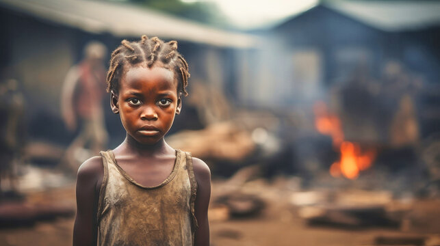 Portrait of a dark-skinned girl in the slums. A little girl looks at the camera with sad emotions. The problem of hunger and poverty in Africa.