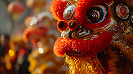 A close-up of the face of a traditional noon lion dance 