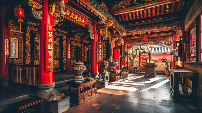 An image capturing the serene atmosphere of a traditional Chinese temple adorned with red and gold decorations, radiating a sense of spirituality and good fortune.