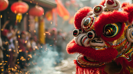 Capturing the intricate details of a Lion Dance performance in the heart of a vibrant Chinatown, showcasing the expressive movements and vibrant colors that ward off evil spirits. - obrazy, fototapety, plakaty
