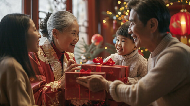 Capture the warmth of family gatherings with an image of generations exchanging gifts, emphasizing the joy and unity during Chinese New Year celebrations.