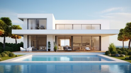 Fototapeta premium Minimalist modern white house exterior with swimming pool terrace