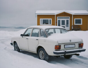 Winter travel. Snow covered full car after snowfall in Iceland