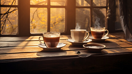 Hot beverages on wooden table