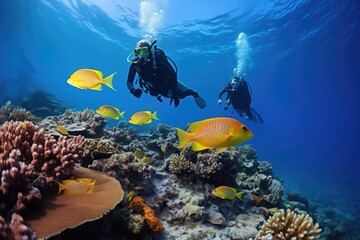 Scuba diving in ocean coral reef sea under water. AI Generated