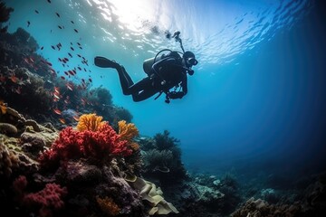 Fototapeta na wymiar Scuba diving in ocean coral reef sea under water. AI Generated