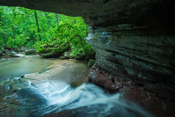 Stream flowing through a cave into the forest