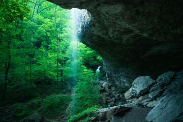 Cave view of waterfalls and forest in Lost Valley, Arkansas