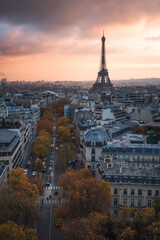 Fototapeta na wymiar Sunset view of Paris and road leading to Eiffel Tower