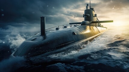 Nuclear submarine moving underwater - obrazy, fototapety, plakaty