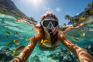 Underwater shoot of a young lady snorkeling and doing skin diving in a tropical sea. AI Generated - obrazy, fototapety, plakaty