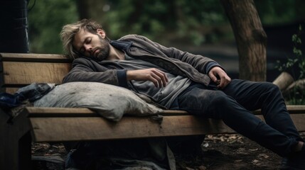 Poor homeless man or refugee sleeping on the wooden bench