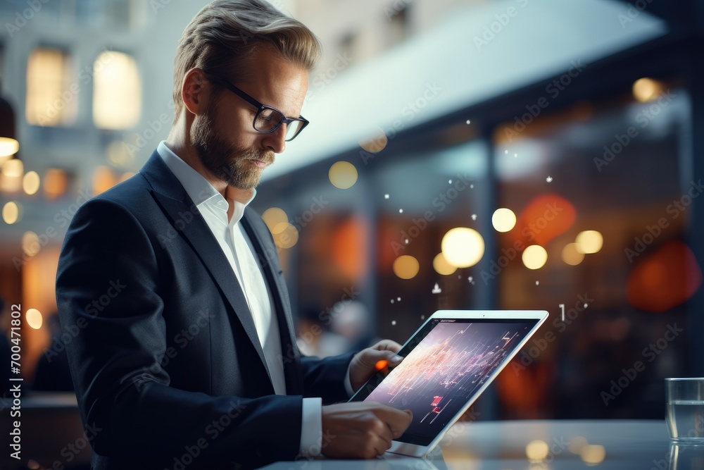 Poster business man using a tablet with a graph on it, mobile communication, digital technology concept. ge