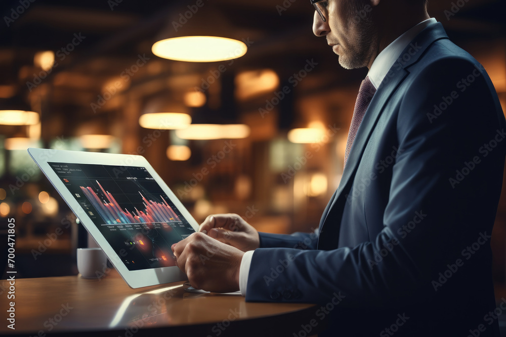 Poster business man using a tablet with a graph on it, mobile communication, digital technology concept. ge