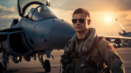 Portrait of a military pilot, in the background a military fighter plane - obrazy, fototapety, plakaty
