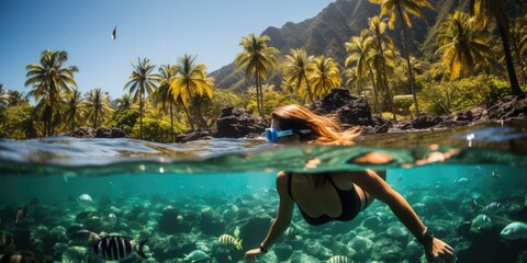 Underwater shoot of a young lady snorkeling and doing skin diving in a tropical sea. AI Generated - obrazy, fototapety, plakaty