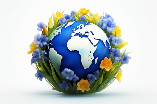 Model of planet Earth with flowers isolated on white background. World Map Green Planet Earth Day or Environment day Concept.