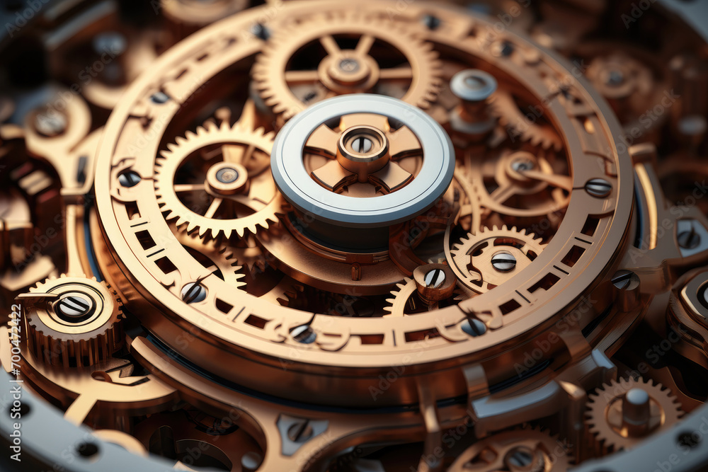Poster A complex mechanism, Consisting of many gears and levers. Generative AI.