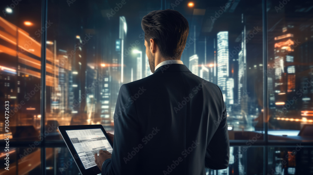 Poster businessman check electronic documents on digital documents and checklist approve, online evaluation