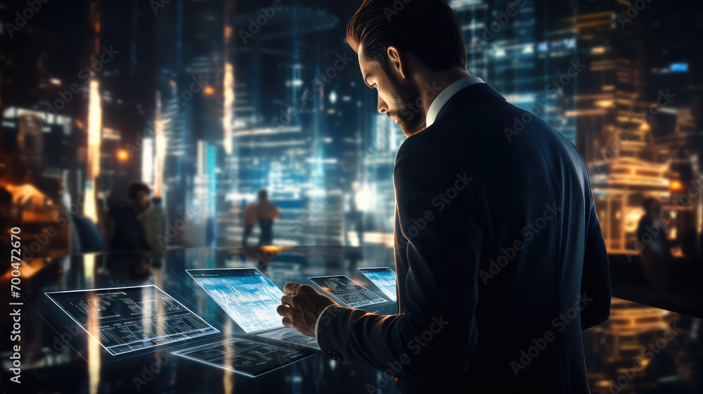 Poster businessman check electronic documents on digital documents and checklist approve, online evaluation