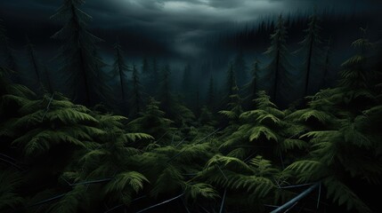 Top view of a dark forest nestled in the embrace of a dense. Generative AI.