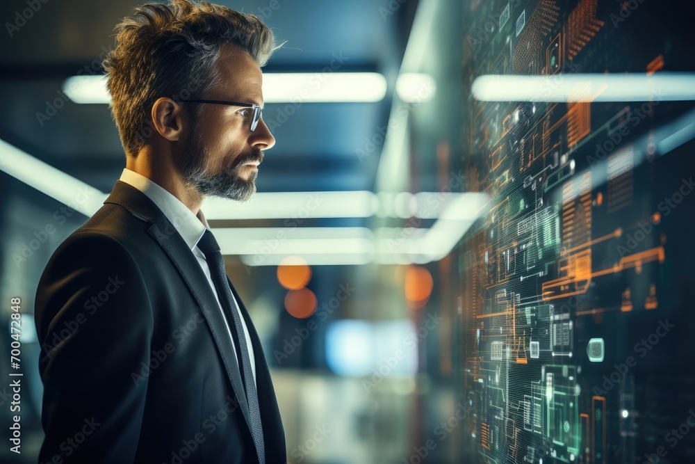 Poster business man using ai technology, digital transformation change management, internet of things, new 