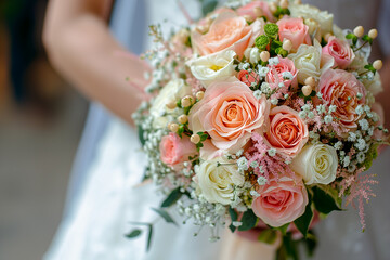 Obraz na płótnie Canvas wedding bouquet in bride's hands colorful bloom roses