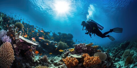 Scuba diving in ocean coral reef sea under water. AI Generated - obrazy, fototapety, plakaty
