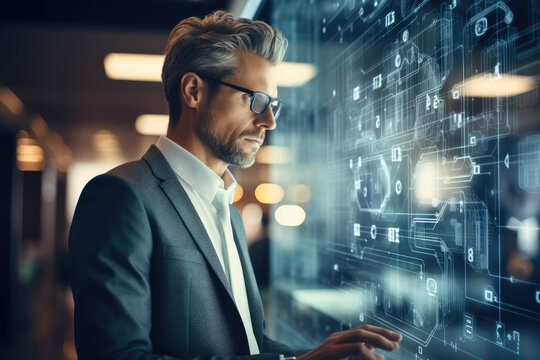 Business man using Ai technology, Digital transformation change management, Internet of things, New technology big data and business process strategy, Customer service management. Generative AI.