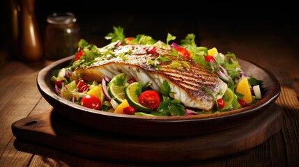 Roast fish and vegetable salad on wooden background