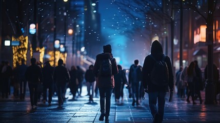 Silhouetted people walking on busy street at winter snowy night in modern city