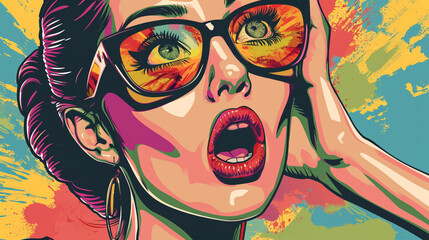Wow pop art face. Sexy woman with colorful glasses pop art background. Festival cover