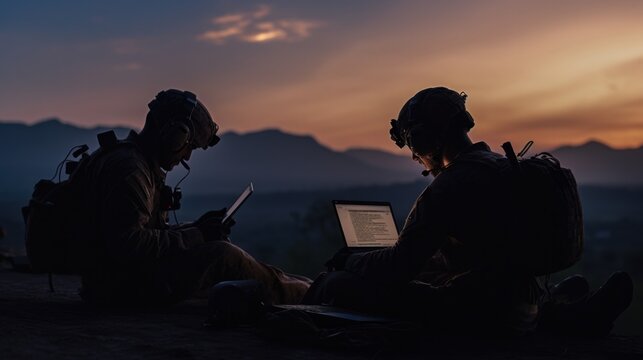 Silhouettes of soldiers are using laptop during military operation